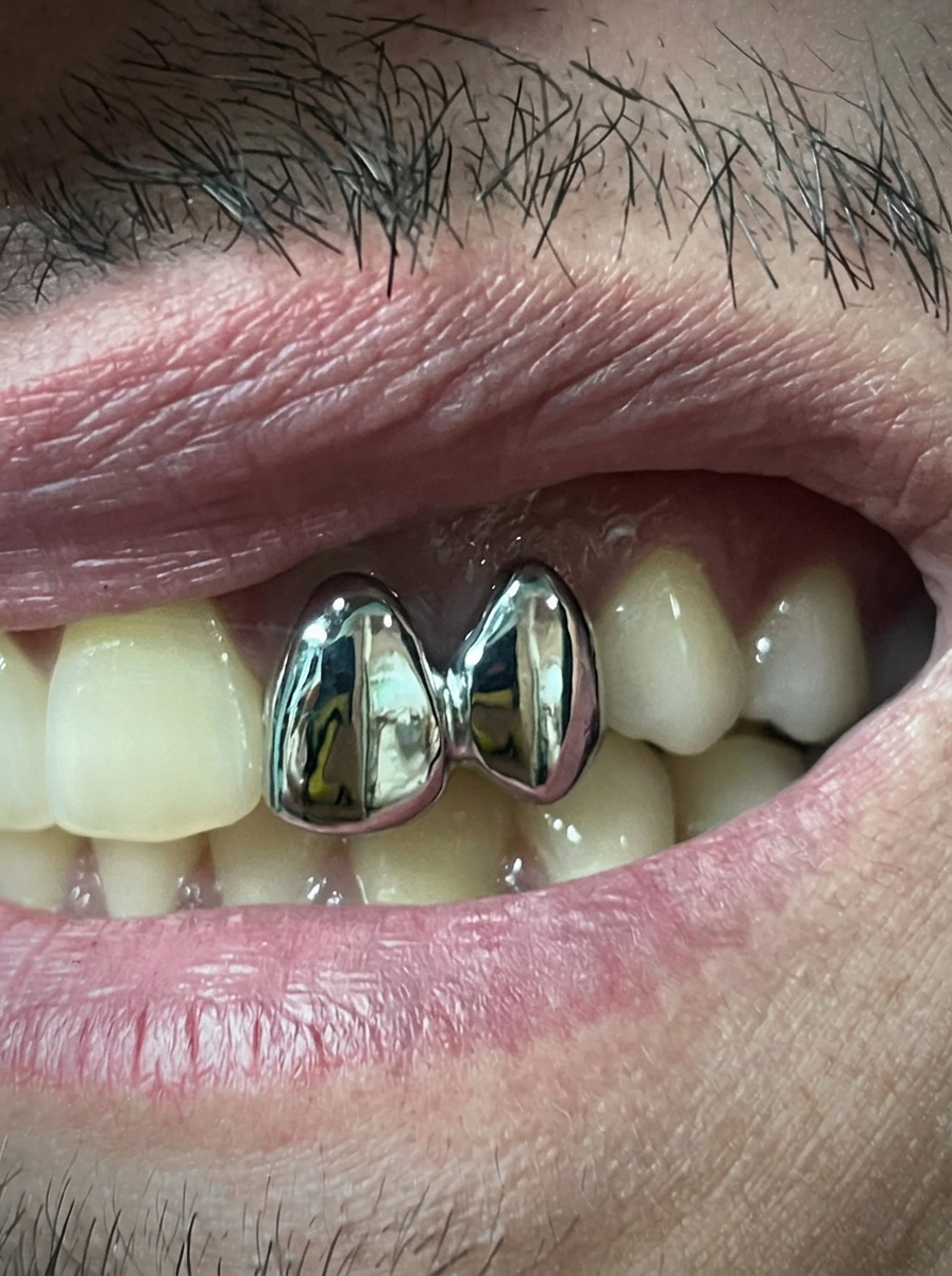 Polished solid silver custom grillz cap fitted over two front teeth