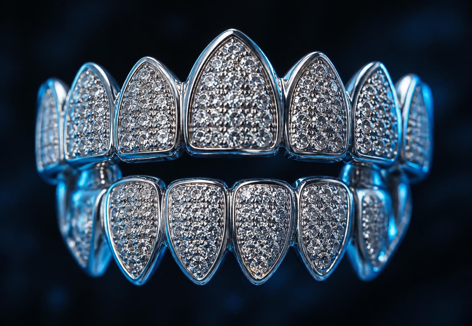 Custom iced grillz set photographed under studio light in our London workshop